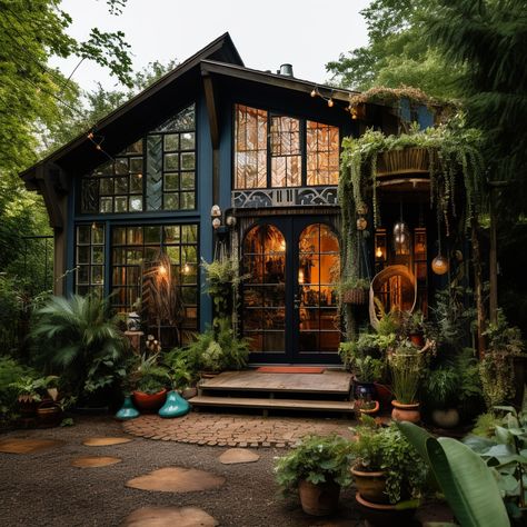 Home Aesthetic Exterior, Industrial Apocalypse, Cottage Queenslander, Bohemian House Exterior, Fairy Home Aesthetic, Greenhouse Library, Little Cottage House, Eco Community, Maximalist House