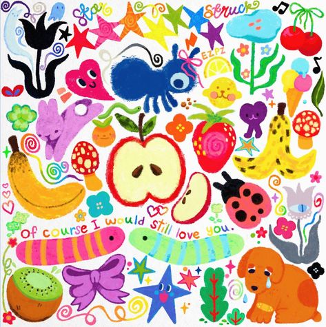 Oodles of Doodles! 🌈🌷🐜🩵 Doodle Art Collage, Doodle Ideas Flowers, Cute Wall Doodles, Doodle Ideas Colorful, Drawing Ideas For Scrapbook, Simple Doodles With Color, Pencil Color Doodle, Cute Scrapbook Doodles, Funky Doodle Art