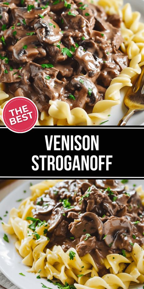 Venison Crockpot Stroganoff, Deer Meat Pressure Cooker Recipes, Slow Cooker Venison Stroganoff, What To Make With Deer Meat, Dinner Recipes Venison, Crockpot Deer Meat Recipes, Deer Stroganoff Recipe, Venison Alfredo Pasta, Venison Stroganoff Crockpot