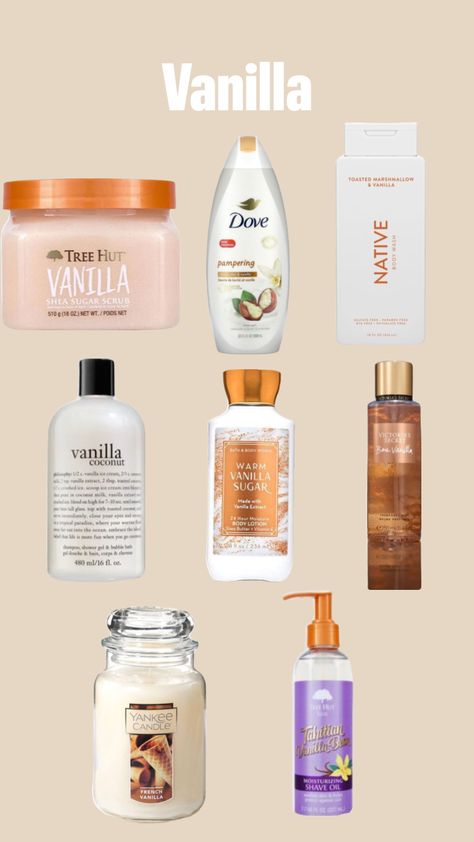 The best vanilla scented shower products! Body wash, lotion, shaving cream, perfume, candles. Vanilla girl shower routine Good Body Wash For Women, Vanilla Scented Shower Routine, Vanilla Shower Products, Vanilla Shower Routine, Girl Shower Routine, Vanilla Products, Candles Vanilla, Scented Body Wash, Scent Combos