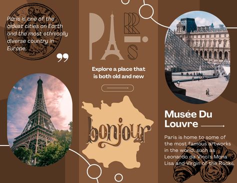 Travelogue Brochure Ideas, Paris Travel Brochure, Leaflet Design Ideas For School Project, Diy Travel Brochure, Travel Brochure Design Creative Handmade, Diy Brochure Ideas, Travel Brochure Ideas, Travelogue Ideas Layout, Paris Brochure