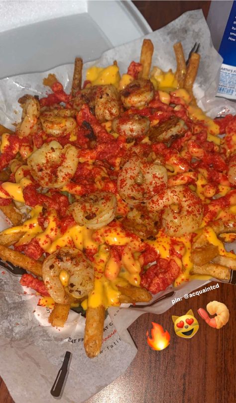 loaded fries with cheese, shrimp, and hot cheetos 🥵 pin: @acquaintcd Hot Fries Chips Aesthetic, Hot Cheetos Seafood, Hot Cheetos Snack Ideas, Hot Cheeto Food Ideas, Spicy Snacks For Party, Hot Cheetos With Cheese, Hot Cheetos Aesthetic, Loaded Fries Ideas, Takis Recipe Ideas