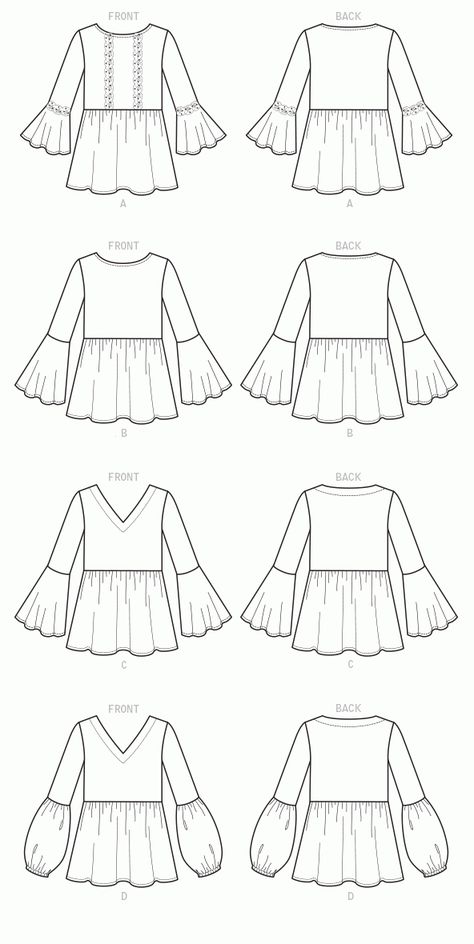 B6486 | Misses' Loose-Fitting, Gathered Waist Pullover Tops with Bell Sleeves | Loose-fitting pullover tops have neckline and sleeve variations. Sewing Rating: Easy Peplum Blouse Pattern, Bell Sleeve Pattern, Tops Sewing, Sleeve Variations, Butterick Pattern, Butterick Sewing Pattern, Couture Mode, Blouse Pattern Sewing, Top Sewing Pattern