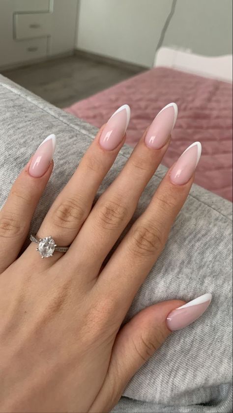 Pink nails, French manicure Pink White Nails Acrylic French Tips, French Alternative Nails, Almond Deep French Nails, White Tip Nails Almond, Pink White Nails, French Tip Nail Art, White Gel Nails, Acrylic Nails Nude, White Tip Nails