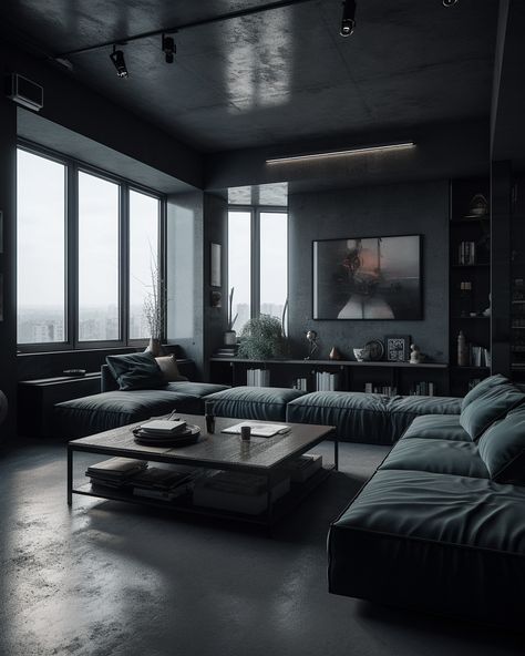 Dark Grey Apartment Aesthetic, Interior Design Apartment Minimalist, Dark Grey Apartment, Dark Modern Interior, Gray Interior Design, Home Interior Design Kitchen, Black Modern House, Lofted Cabin, Dark Interior Design