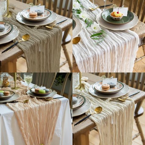 PRICES MAY VARY. 100% Cotton Gauze Table Runner Your Magic Moment table scarf is made of 100% cotton cheese cloth fabric which is a natural and breathable material that is both durable and easy to care for Extra long gauze table runner set has 118 inch long and 33 in wide each; rustic table runner has an ultimate size which is perfectly matches to any types of tables (round or rectangular) All ends are finished; this 100% cotton white cheesecloth table cloth runner has no frill ends; all ends ar Gauze Table Runner Wedding, Cheesecloth Table Runner, Harvest Table Wedding, Boho Dinner Table, Cheap Table Cloth Ideas, Centerpieces Round Table, Cheese Cloth Table Runner Wedding, Boho Table Decor, Table Cloth Ideas