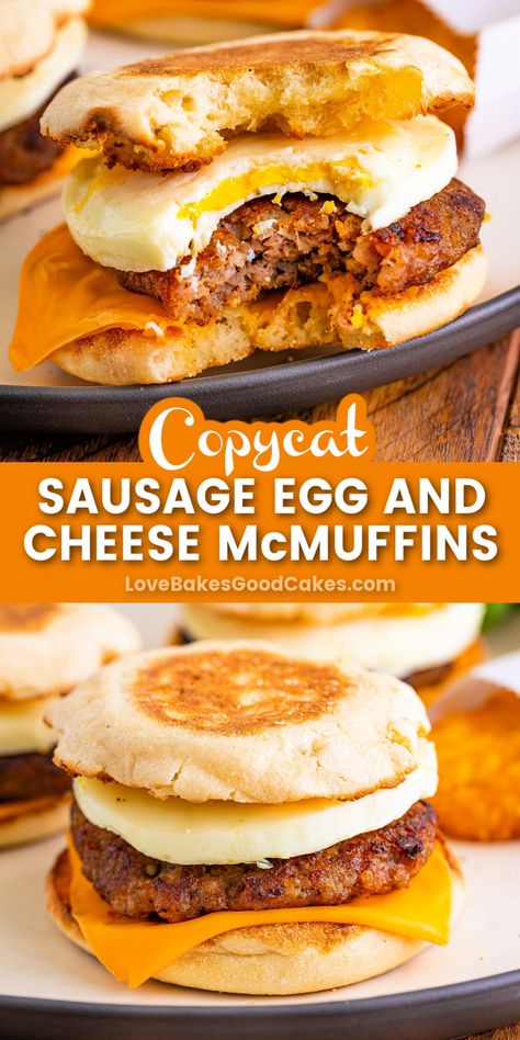 Sausage Egg and Cheese McMuffins pin collage Sausage Egg Cheese Mcmuffins, Sausage Egg Mcmuffin Casserole, Make Ahead Egg Mcmuffin, Mcdonalds Sausage Egg Mcmuffin, Sausage Egg Mcmuffin, Sausage Mcmuffin, Sausage And Egg Mcmuffin, Egg Mcmuffin, Breakfast Quiche Recipes