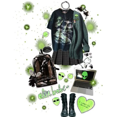 Alien Style Outfit, 80s Slasher Aesthetic Outfits, Alien Core Outfits, Alien Outfit Aesthetic, Aliencore Outfit, Alien Aesthetic Outfit, Space Grunge Fashion, Weirdcore Clothes, Alien Core