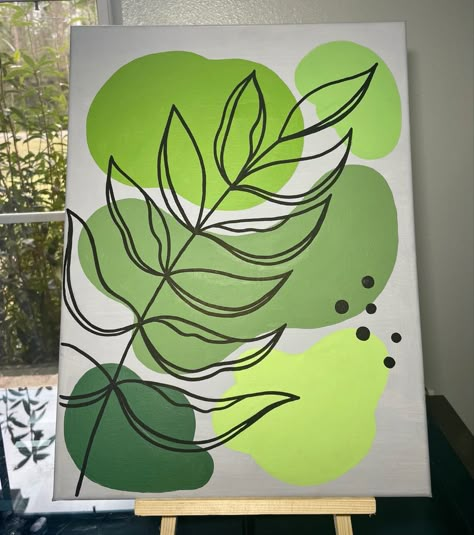 Canvas Painting With Stencils, Minimal Acrylic Painting Ideas, Yellow And Green Painting Ideas, Easy Greenery Painting, Plant Acrylic Painting Easy, Green Plant Painting Easy, Greenery Canvas Painting, Plant Canvas Art, Greenery Painting Ideas