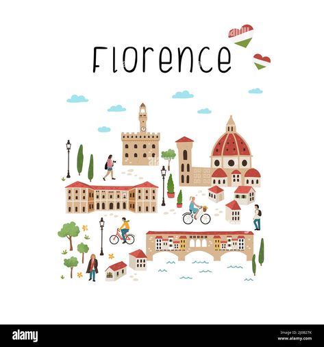 Florence Illustration, Map Of Florence Italy, Hand Drawn Map, Drawn Map, Tourist Guide, Florence Italy, Vector Design, Florence, Stock Vector