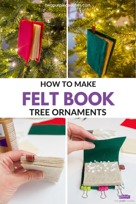 These DIY felt book ornaments are the perfect felt craft for the book lover, librarian, English teacher or book clubbers in your life! Check out this tutorial to make your own cute mini felt books. #feltbookornaments #feltcrafts #booklovers #bookcrafts #feltcraftsideas #DIYgiftideas #diygifts #diyornaments Diy Booklover Crafts, Christmas Book Fair Ideas, Booklover Gifts Diy, Xmas Tree Ornaments Diy Craft Ideas, Library Take And Make Crafts, Craft For Book Lovers, Book Christmas Crafts, Book Crafts For Adults, Felt Diy Christmas Ornaments