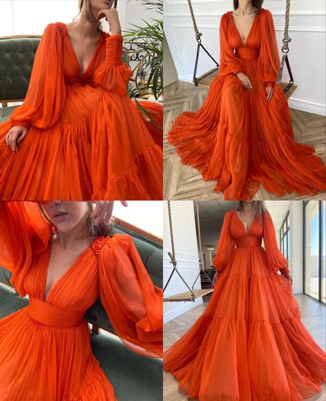 Orange Tulle Dress, Puffy Sleeve Prom Dress, Plus Size 2022, Orange Formal Dresses, Party Dress Plus Size, Wedding Dresses V Neck, Elegant Evening Dresses Long, Prom Dress Tulle, Sleeve Prom Dress