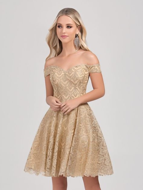 Val Stefani Cocktail | Style 3379RK | Short metallic gold lace off-the-shoulder ball gown Gold Court Dresses Sweet 16, Gold Quince Court Dresses, Gold Dresses Short, Gold Dress Short Classy, Gold Off The Shoulder Dress, Gold Dama Dresses, Short Gold Prom Dresses, Short Gold Dress, Elegant Gold Dress