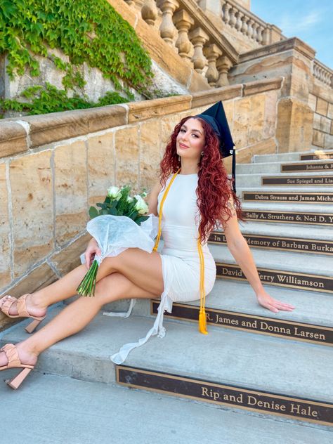 Sitting on stairs pose graduation pose graduation dress graduation pictures Stairs Graduation Pictures, Graduation Pictures On Stairs, Grad Picture Outfits, Pictures On Stairs, Graduation Pose, High School Graduation Pictures, Grad Shoot, Grad Pictures, Graduation Pics