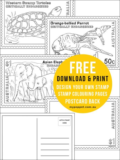 Free printable colouring pages - design your own stamp - postcard back free printable - educational resource mypoppet.com.au Endangered Wildlife project Postal Stamps Free Printable, Postage Stamp Template Free Printable, Postage Stamp Template, Vintage Postage Stamps Printable, United States Map Printable, Santa Postage Stamps Printable Free, Postcard Template Free, April Preschool, Diy Postcard