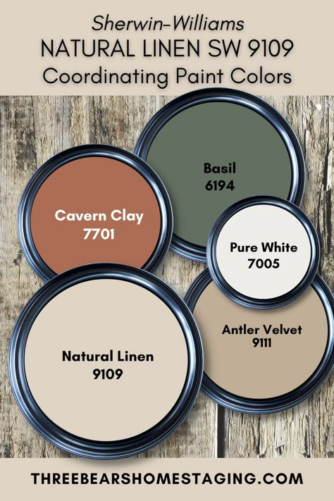 Paint Color Review: Sherwin-Williams Natural Linen 9109 | Three Bears Home Staging® Farmhouse Green Color Palette, Farmhouse Style Color Palette, Green Farmhouse Laundry Room, Farmhouse Paint Pallet, Sherwin Williams Natural Linen Color Palettes, Natural Choice Coordinating Colors, Farmhouse Paint Exterior, Oakmoss Color Palette, French Countryside Color Palette