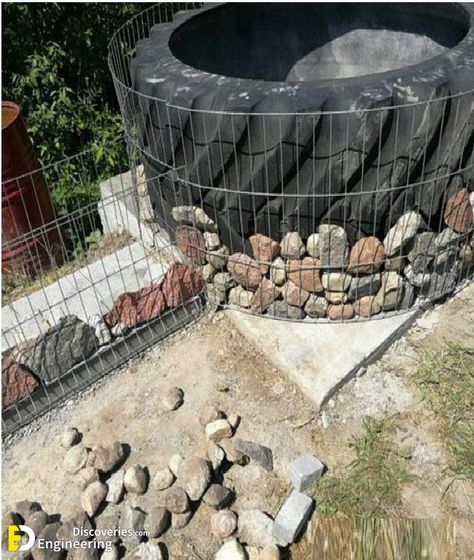 How To Make A Garden Pool From A Large Tire In Gabions Step By Step - Engineering Discoveries Gabion Planter, Kolam Air, Gabion Wall, Rock Garden Landscaping, Rock Wall, Garden Pool, Garden Structures, Garden Fence, Outdoor Fire