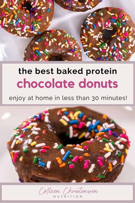 Soft, cakey and packed with protein! These chocolate protein donuts will start your day in a delicious way and help keep you full until lunch! One of the easiest and quickest protein donut recipes you will make. Make these in a mini muffin pan for protein donut holes! This is a protein donut recipe easy enough for the whole family to help with. Chocolate donuts baked in the oven are the best! Protein powder donuts chocolate style will become your new fave. Easy Protein Donut Recipe, Mini Protein Donut Recipe, Chocolate Protein Donut Recipe, Protein Powder Donut Recipe, Air Fryer Protein Donut Recipes, Choc Protein Powder Recipes, Kodiak Donuts Recipe, Protein Doughnuts Recipes, Protein Donut Holes