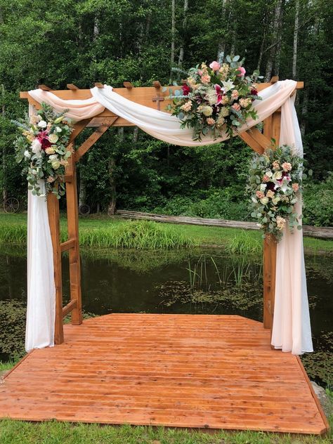 Wedding By Pond Country, Wedding Pergola Draping, Wedding Pond Decorations, Diy Wedding Pergola, Pond Wedding Decor, Wedding Arbor With Fabric, Dock Wedding Ceremony Decor, Pond Side Wedding, Wedding On Dock