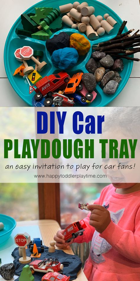 Create this simple car play dough for any car or truck fan for an amazing fine motor activity for toddlers or preschoolers. Transport Play Ideas, Car Provocations, Car Tuff Tray, Clay Activities For Preschoolers, Car Activities For Preschoolers, Transportation Playdough, Toy Car Activities, Car Activities For Toddlers, Car Activities For Kids