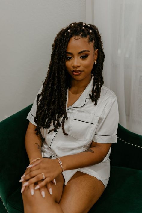 #blackbrides #fauxlocs #blackhairstyles #blackwedding #silkpajamas Locd Bride, Faux Locs Wedding Hairstyles, Brides With Locs, Locs Bridal Hairstyles, Locs Wedding Hairstyles Brides, Bride With Locs, Locs Wedding Hairstyles, Locs Wedding, Faux Locs Hairstyle