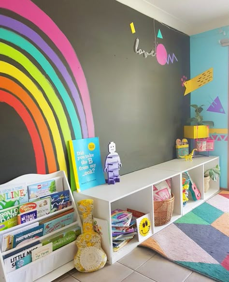 Daycare Wall Painting Ideas, Boy Rainbow Room, Rainbow Boys Room, Dark Blue Rooms, Home Daycare Ideas, Rainbow Playroom, Rainbow Bedroom, Daycare Decor, Colorful Kids Room