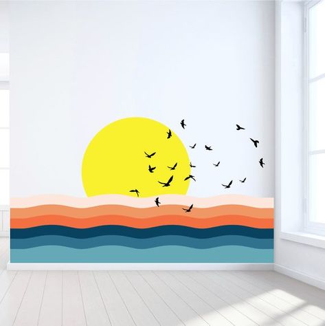 Wall Decal Sunrise Over the Ocean Stripe Wall Mural Bright | Etsy Stripe Wall Mural, Abstract Wall Mural, Space Wall Decals, Wall Film, Cloud Wall Decal, Stripe Wall, Forest Wall Mural, Playroom Wall Decor, Fabric Wall Decals