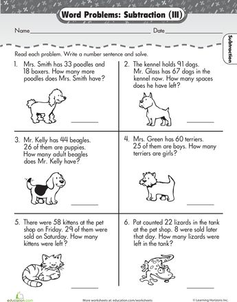 Worksheets: Word Problems: Subtraction Addition Worksheets First Grade, Math Story Problems, First Grade Words, Mental Maths Worksheets, First Grade Math Worksheets, Addition Word Problems, 3rd Grade Math Worksheets, Learn Math, Subtraction Word Problems