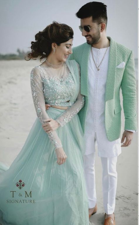 Couple Clothes Matching Outfits Wedding, Couple Dresses Matching, Pista Green Couple Dress, Wedding Dresses For Couple, Engagement Matching Outfits, Wedding Reception Couple Dress Indian, Couples Dresses Matching Wedding, Couples Reception Outfit, Couple Same Clothes Outfits