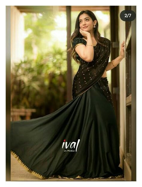 Dhavani Colour Combination, Simple Dhavani, Dhawani Designs Kerala, Dhavani Half Saree Color Combos, Half Saree Designs Simple, Black Half Saree, Dhavani Designs, Langa Voni Half Saree, Onam Outfits