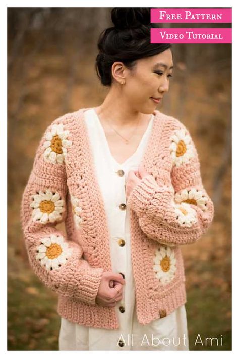 Cozy Days Daisy Cardigan Free Crochet Pattern and Video Tutorial Flower Sweater Crochet Pattern, Flower Granny Square Cardigan, Flower Cardigan Crochet, Crochet Flower Cardigan, Vest Haken, Daisy Cardigan, Daisy Sweater, Wearable Crochet, Crochet Cardigan Tutorial