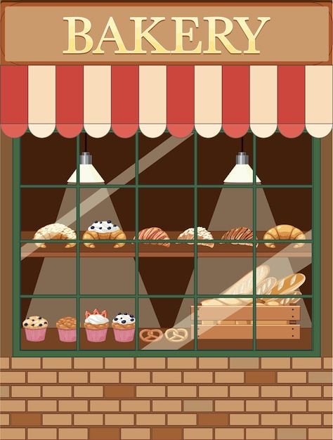 Bakery shop building facade | Premium Vector #Freepik #vector #food-clipart #bread-cartoon #cartoon-drawing #bakery-shop Cute Bakery Drawing, Bakery Shop Drawing, Anime Bakery, Bakery Cartoon, Bakery Drawing, Environment Moodboard, Bakery Window, Bakery Theme, Kitty Crafts