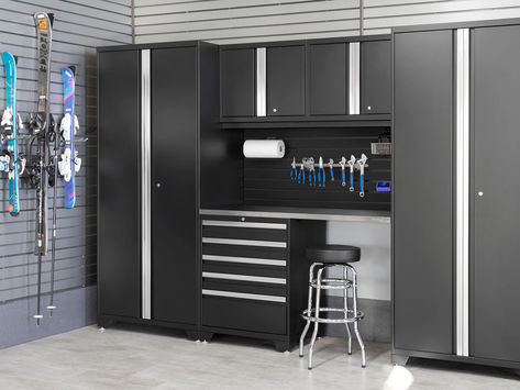 Professional Grade 18-Gauge Steel Garage Cabinets Garage Backsplash, Garage Storage Cabinet, Newage Products, Organized Storage, Integrated Handles, Garage Cabinets, Garage Storage Cabinets, Steel Shelf, Garage Ideas