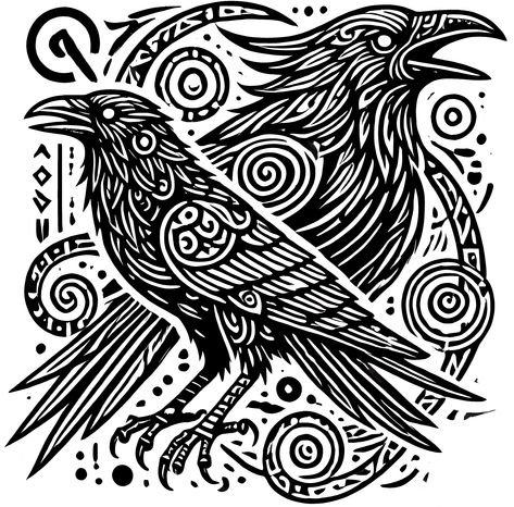 Hugin and Munin: Norse god Odin's ravens, symbols of wisdom and thought, adorn posters and t-shirts with intricate Norse designs. Symbols Of Wisdom, Hugin And Munin, Norse Design, Huginn And Muninn, Odin's Ravens, Odin God, Fox Logo, Norse Mythology, Ravens