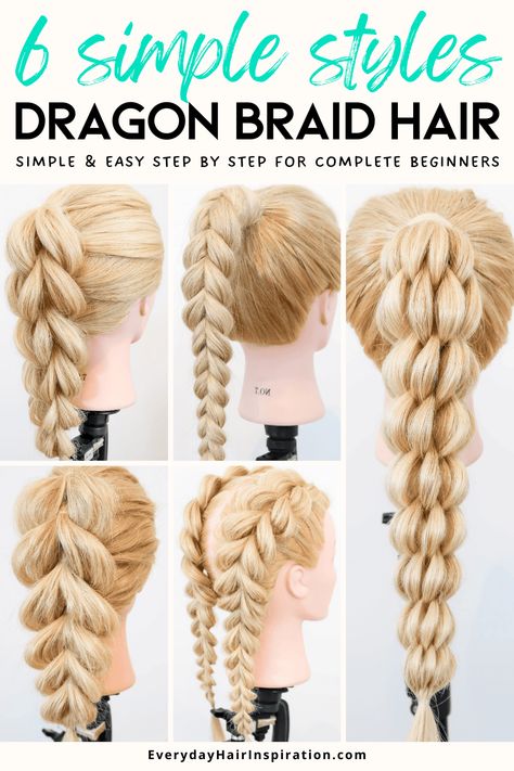 Learn how to do 6 beautiful dragon braid hairstyles step by step for beginners! Fake dutch braids perfect for summer! Dragon Braid Hairstyles, Beginner Hairstyles, Easy Braids For Beginners, Hairstyles For Beginners, Braids For Beginners, Dragon Braid, Braiding Hairstyles, Fancy Braids, Braiding Your Own Hair