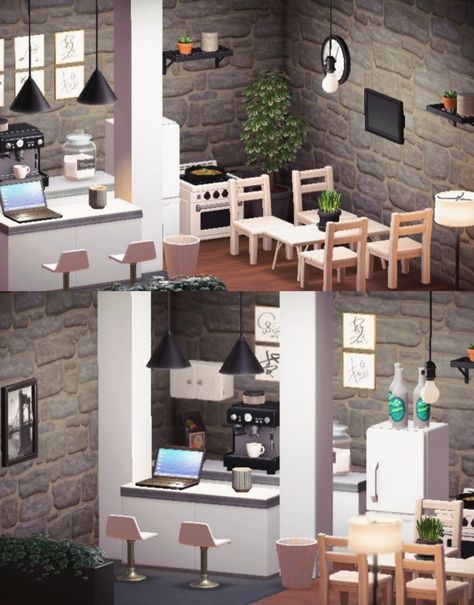 ACNH modern kitchen #acnh #animalcrossing #acnhinspo Acnh Kitchen Designs Modern, Acnh Small Kitchen, Acnh Modern Kitchen, House Design Acnh, Acnh Kitchen Ideas, Design Ideas Acnh, Acnh Kitchen Designs, Animal Crossing Kitchen, Acnh Kitchen