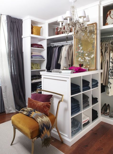 Lots of shelving cubbies. Hangings do not monopolize the room. Nice touch with mirror as countertop and leaves room to fold clothes. I think I would put mirror in the backs of cubblies for a bit more glam. Placard Design, A Walk In Closet, Lots Of Clothes, Contemporary Closet, Dressing Design, Closet Island, Things To Wear, Dressing Room Closet, Dream Closet Design