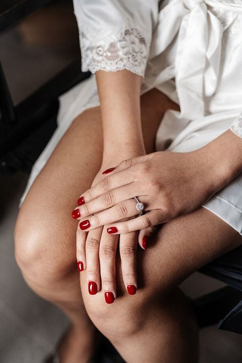 Bride with dark red wedding nails with diamond engagement ring Bride With Red Nails, Bride Red Nails, Bride Nails Red, Red Wedding Nails For Bride, Wedding Red Nails, Engagement Nail Ideas, Engagement Nail, Red Wedding Nails, Nails Engagement