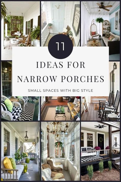 11 Narrow Porch Decorating Ideas - finding mandee Long Screened In Porch Decorating Ideas, Front Decorating Ideas Porch, Narrow Long Porch Decorating Ideas, Small Narrow Porch Ideas, Shallow Front Porch Ideas, How To Decorate A Long Front Porch, Porch Corner Ideas, Narrow Porch Furniture Layout, Rectangle Front Porch Ideas