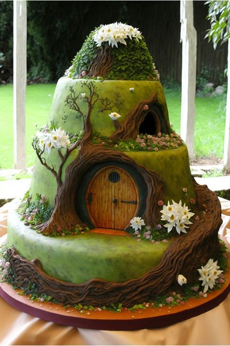 A cake decorated to look like a Hobbit hole in the Shire. Hobbit Cake, Hobbit Wedding, Lotr Wedding, Hobbit Party, Ring Cake, Fantasy Cake, House Cake, Hobbit Hole, Themed Birthday Cakes