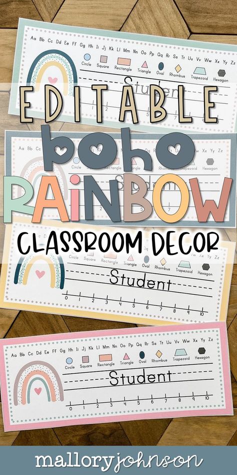 Name Plate Classroom, Boho Name Tags Classroom, Boho Name Tags, Rainbow Kindergarten, Fun School Activities, Boho Rainbow Decor, Teaching Classroom Decor, Boho Classroom Decor, Name Tag For School