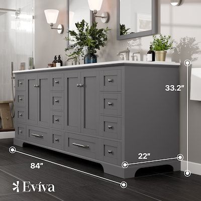 Eviva Frontier 84-in Dark Gray Undermount Double Sink Bathroom Vanity with White Cultured Marble Top in the Bathroom Vanities with Tops department at Lowes.com Dark Gray Bathroom Vanity, Gray Bathroom Vanity, Dark Gray Bathroom, Porcelain Sinks, Wood Charcoal, Vanity Cabinets, Grey Bathroom Vanity, Carrara Marble Countertop, Gray Bathroom