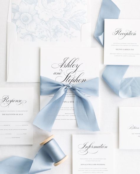 Ribbon Invitation, Light Blue Wedding, Calligraphy Wedding Invitation, Wedding Invitations Romantic, Invitations Diy, 카드 디자인, Calligraphy Wedding, Dusty Blue Weddings, Blue Wedding Invitations