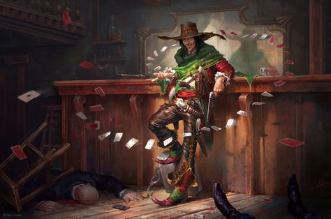 Mythgard. Bob "Banzai" Vaquero, Alexander Mokhov Western Gunslinger Art, Western Artwork, West Art, Cowboy Art, Dungeons And Dragons Characters, Dnd Art, Pulp Art, Dieselpunk, Western Art