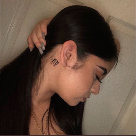 Virgo Tattoo Behind The Ear, Behind The Ear Virgo Tattoo, Virgo Behind Ear Tattoo, Virgo Neck Tattoos Women, Virgo Small Tattoo Ideas, Virgo Ear Tattoo, Small Virgo Tattoo Ideas Girly, Virgo Spine Tattoos For Women, Virgo Neck Tattoo