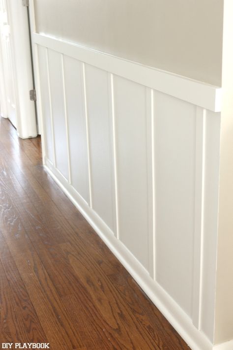 Hallway Board And Batten, Modern Farmhouse Mudroom, Amy Roberts, Hallway Ideas Diy, Farmhouse Mudroom, Mudroom Ideas, Board And Batten Wall, Diy Playbook, Upstairs Hallway