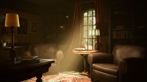 Perspective Reference Photography Room, Warm Cinematography, Room Cinematography, A Study Room, 1940s Interior, Cozy Study, Apartment Lighting, Cinematic Lighting, Light Study