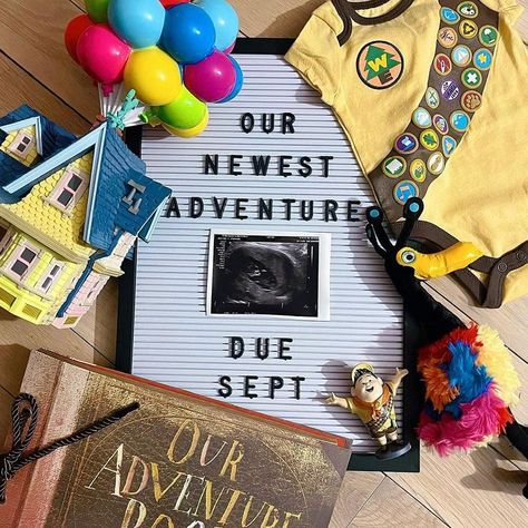 Movie Up Gender Reveal Theme, Movie Themed Gender Reveal, Up Disney Gender Reveal, Gender Reveal Up Theme, Up Theme Baby Shower Disney, Disney Announcement Pregnancy, Disney Up Gender Reveal, Pixar Up Themed Baby Shower Ideas, Disney Up Nursery