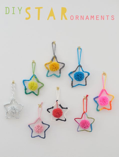 DIY: pom pom star ornaments by BAR Pom Pom Chandelier, Yarn Stars, Pipe Cleaner Star Ornament, Yarn Stars Ornament, Yarn Wrapped Star Ornament, Woven Star Ornament, Wire Star, Diy Star, Star Ornaments