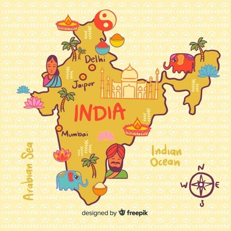 Hand drawn map of india | Free Vector #Freepik #freevector #travel #hand #map #animal Incredible India Posters, Map Of India, Cartoon Map, India For Kids, India Poster, Homeschool Geography, India Map, Hand Drawn Map, Friend Crafts